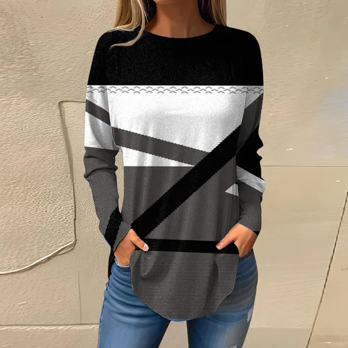 Vista 2 de Cute Tops for Women Round Neck Solid T Shirt Long Sleeve Hide Belly Pullover Tops Lightweight Sweatshirts