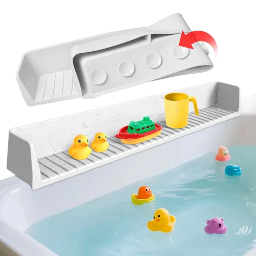 Vista 7 de Protector contra salpicaduras para bañera para niños, protector contra salpicaduras de bañera de silicona con 11 ventosas, estante de juego