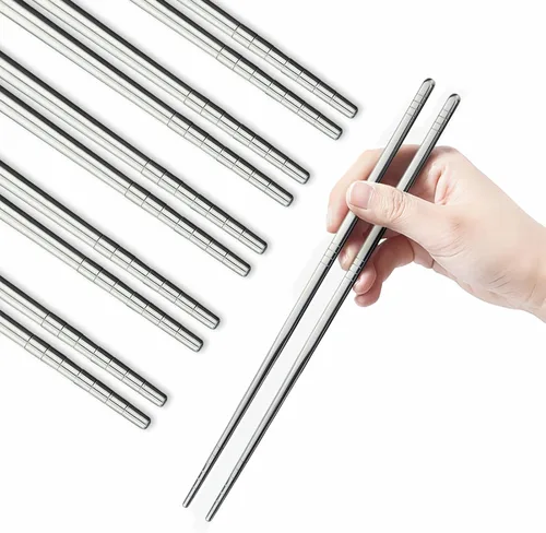 Vista 13 de IQCWOOD - Palillos de metal, 10 pares de palillos planos de acero inoxidable, palillos de metal reutilizables de alta calidad, 8.66 pulgadas