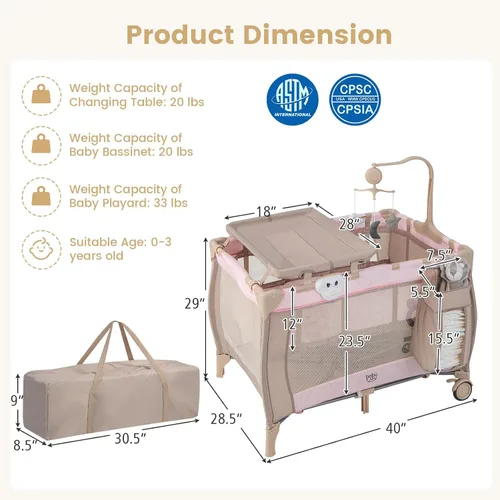 Vista 7 de Costzon 3 en 1 Rosa Pack and Play con Moisés, Corralito Portátil para Bebé con Mesa Cambiadora, Caja de Música, Juguetes Giratorios, Ruedas/Freno