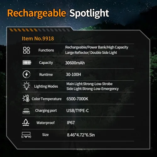 Vista 2 de Foco recargable de 30600 mAh, linterna de 2400 lm, de larga duración, 100 horas, foco de mano IP67, luces de foco impermeables con 6 modos de luz