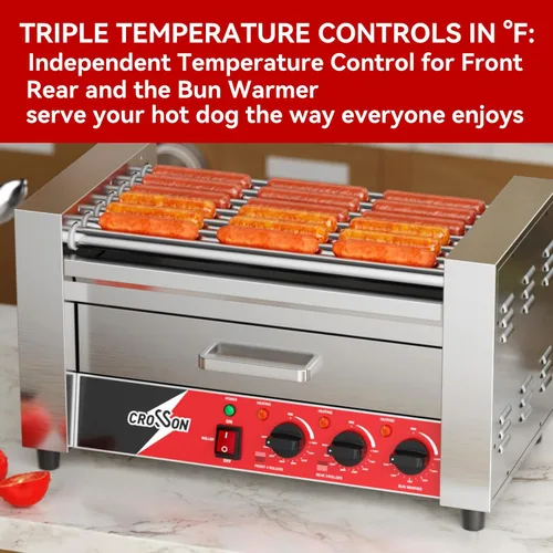 Vista 3 de CROSSON Hot Dog 7 Rodillos con Calentador de Pan, Máquina Comercial de Cocina con Asador Giratorio Antiadherente 7 en 304, Parrilla Eléctrica