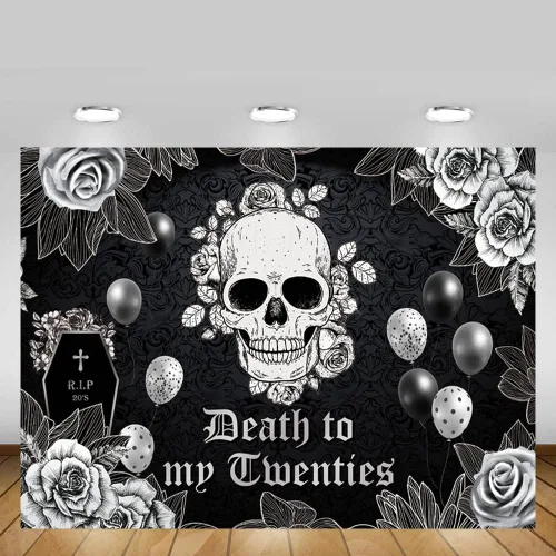 Vista 5 de MEHOFOND Telón de fondo de 7 x 5 pies de muerte a mis veinte para fiesta de cumpleaños de 30 años RIP to My 20s funeral gótico calavera rosa negra