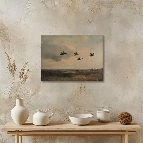 Vista 4 de Póster vintage de pato salvaje volador rústico, paisaje de campo, arte de pared, retro, clásico, naturaleza, lienzo, impresión de prado y patos