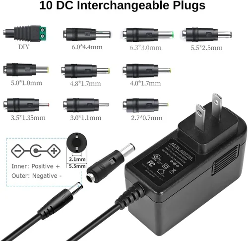 Vista 2 de Adaptador CA/CC de 12 V 2 A con certificación UL, fuente de alimentación de 12 voltios 2 amperios 24 W con 10 puntas para tiras de luces LED