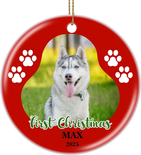 Vista 32 de Paquete de 4 adornos de Navidad personalizados 2025 de cerámica personalizada con foto y texto para decoración de árbol de Navidad, primera Navidad