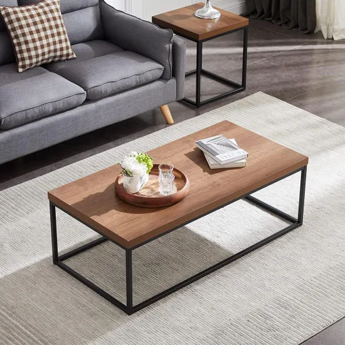 Vista 2 de CENSI Juego de mesa auxiliar y mesa auxiliar de nogal oscuro de 2 piezas, mesa central rectangular de madera y metal de 47 pulgadas + mesa auxiliar