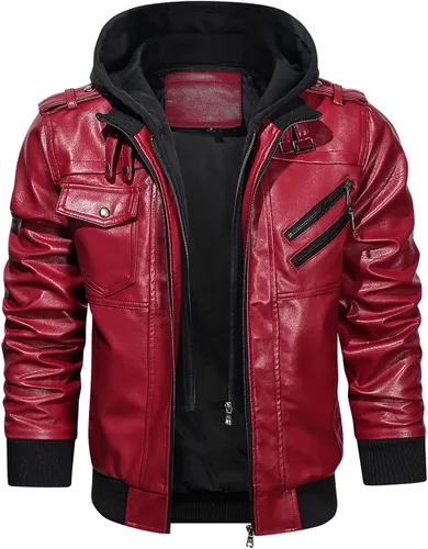 Vista 4 de Hood Crew - Chaqueta bomber para hombre, casual, con cuello alto, cazadora de moto, de piel sintética de poliuretano, con cremallera y capucha