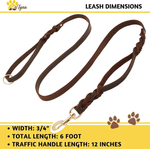 Vista 8 de Collar de cuero para perros grandes con correa de cuero de doble asa de 6 pies x 3/4 pulgadas