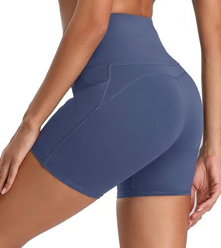 Vista 2 de Oalka Pantalones cortos de yoga para mujer, con bolsillos laterales, cintura alta, para entrenamiento, correr, deportes, 4 pulgadas