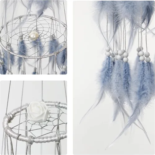 Vista 5 de Dremisland Atrapasueños de Plumas Blancas de Doble Círculo con Luces LED de Hadas Móviles, Adornos Colgantes de Pared, Decoración de Techo