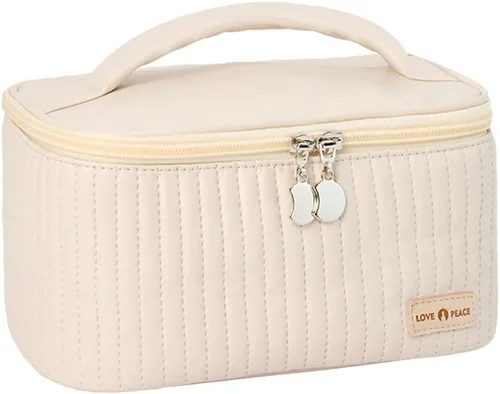 Vista 6 de Bolsa de maquillaje de viaje, estuche de cosméticos con soporte para brochas de maquillaje, organizador portátil de piel sintética para mujer, Café