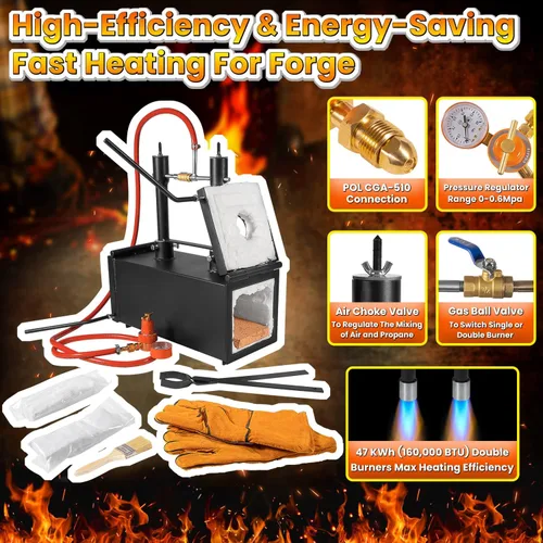 Vista 3 de Horno de forja de gas propano portátil, doble quemador de 2700 °F/2,699.6 °F Horno de forja cuadrado de gran capacidad para herrería Farrier