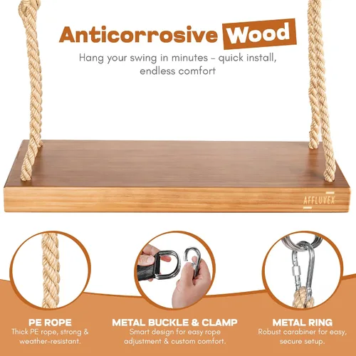 Vista 2 de Asiento colgante de madera para exteriores, columpio de madera de cedro de 22 x 8 x 2 pulgadas para adultos y niños, capacidad de 440 libras, cuerda