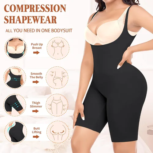 Vista 3 de Ganado Body adelgazante para mujer, con control de abdomen, sin costuras, fajas, busto abierto, medio muslo, moldeador de cuerpo, pantalones cortos