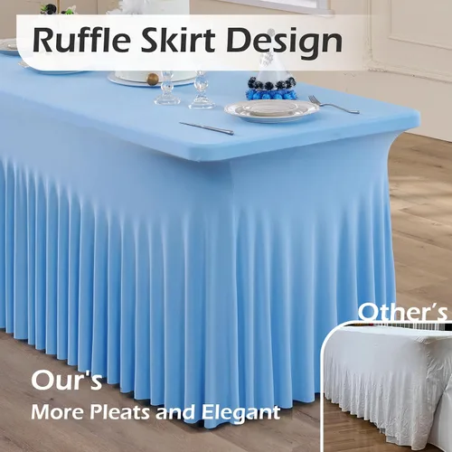 Vista 2 de Paquete de 2 manteles de elastano azul bebé de 6 pies con falda de mesa con volantes, manteles ajustables elásticos sin arrugas para mesas