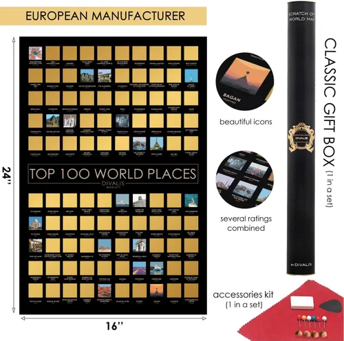 Vista 3 de Set de regalo grande 2 en 1 – Mapa del mundo para raspar y póster para raspar los 100 mejores lugares para visitar en el mundo – Mapa de los mejores