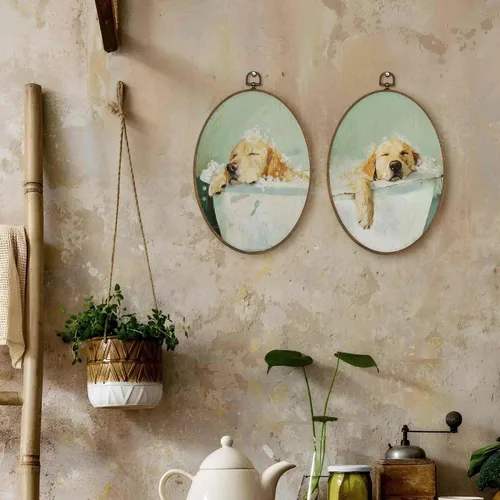 Vista 3 de LKETW Divertida decoración ovalada de pared de baño Golden Retriever, regalos de Golden Retriever, decoración ovalada para colgar en lienzo