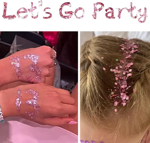 Vista 4 de Go Ho Gel de purpurina corporal rosa y 2 aretes de corazón para mujer, brillantes holográficos y lentejuelas gruesas con purpurina y aretes