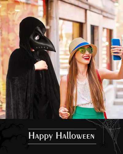 Vista 7 de Máscara de pájaro y capa Steampunk, máscara de pico de Halloween, kit de disfraz de capa larga de terciopelo, máscara de cuero de nariz larga, capa