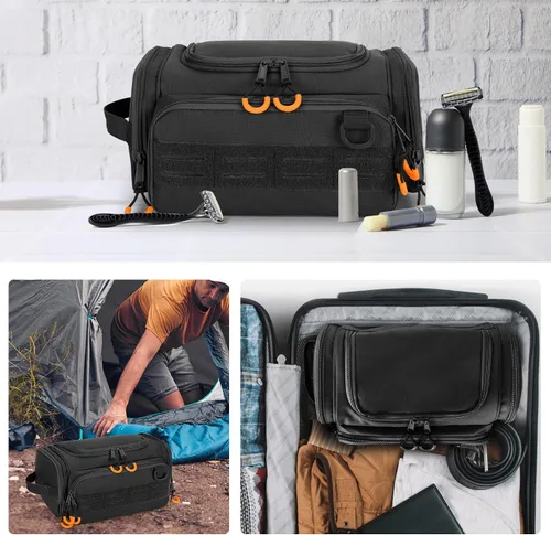 Vista 5 de Neceser táctico para hombres, bolsa de higiene colgante, kit organizador de viaje para afeitarse, artículos esenciales de ducha y artículos de aseo