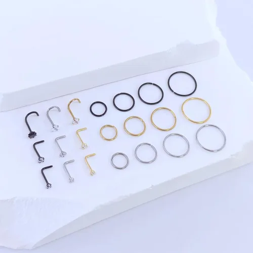 Vista 5 de 21 piezas de anillos de nariz de aro de acero quirúrgico para mujer, 20G, joyería de perforación de la nariz, plata, oro, negro, perforaciones