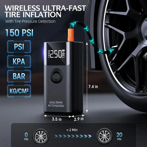 Vista 3 de Arrancador con compresor de aire, LERTIN 3500 A 150 PSI paquete de batería portátil para automóvil, para hasta 9.0 L gasolina/8.0 L motor diésel