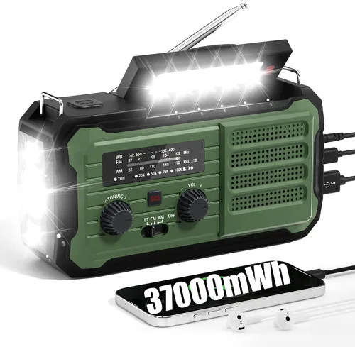 Vista 12 de Radio de emergencia con manivela solar, 10000 mAh/37000 mWh, radio meteorológica de emergencia, radios solares de manivela con NOAA/AM/FM, linterna