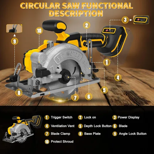 Vista 5 de Sierra circular inalámbrica de 5 pulgadas para batería Dewalt de 20 V (sin batería), sierra de madera eléctrica con motor sin escobillas, bisel