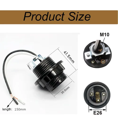 Vista 2 de Enchufe de luz E26 E27, soporte de lámpara de base mediana roscada de baquelita con anillo de sombra, base media fenólica E26 con cable de 6