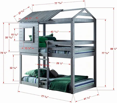Vista 2 de Donco Kids Cabaña ciega de ciervo individual sobre cama doble rústica gris claro litera con tienda azul