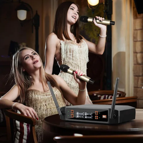 Vista 3 de Depusheng Micrófono inalámbrico DX4 con 4 micrófonos dinámicos UHF profesionales, sistema de micrófono de mano inalámbrico para karaoke, canto