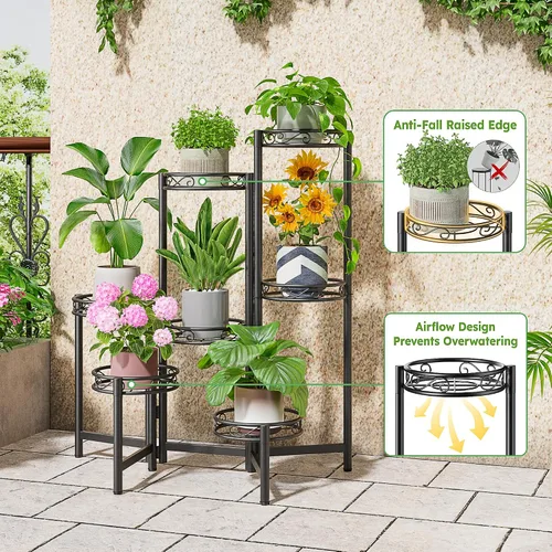Vista 4 de Soporte de metal para plantas de 7 niveles, estante alto de hierro forjado para plantas para interiores, exteriores, soporte plegable alto