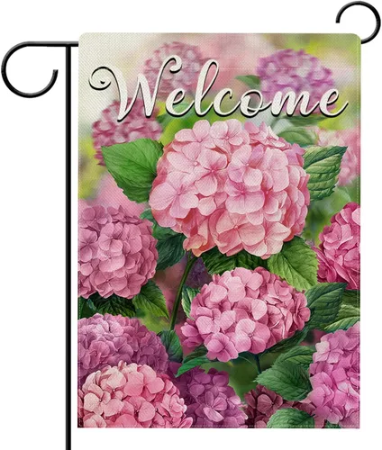 Vista 9 de Hzppyz Bandera de jardín de flores florales de primavera de bienvenida de doble cara, hortensias decorativas para patio al aire libre, decoración