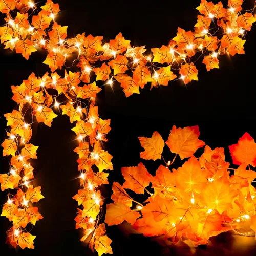 Vista 8 de Guirnalda de otoño de 60 luces LED de 9.8 pies con luces, 8 modos de iluminación, luces de hojas de arce alimentadas por pilas, decoraciones