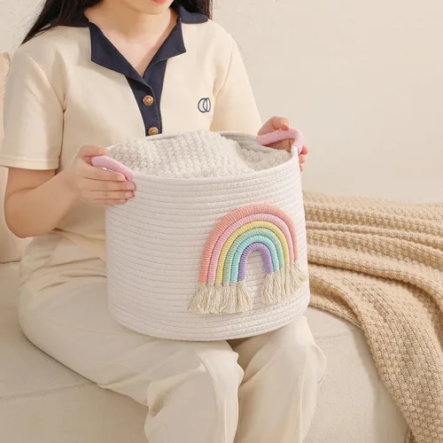 Vista 8 de Cestas de almacenamiento de juguetes cesta de almacenamiento de cuerda de algodón tejida con decoración de arco iris para niños, cestas de manta