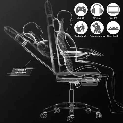 Vista 6 de Silla de juegos con altavoces Bluetooth y luces LED, silla ergonómica de masaje para computadora, altura ajustable, silla de videojuegos con asiento
