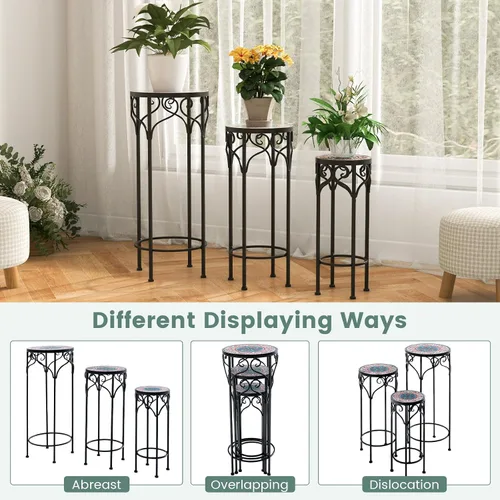 Vista 4 de Giantex Juego de 3 soportes de metal para plantas, de 28 pulgadas, soporte de flores alto de mosaico con parte superior de cerámica, mesa auxiliar
