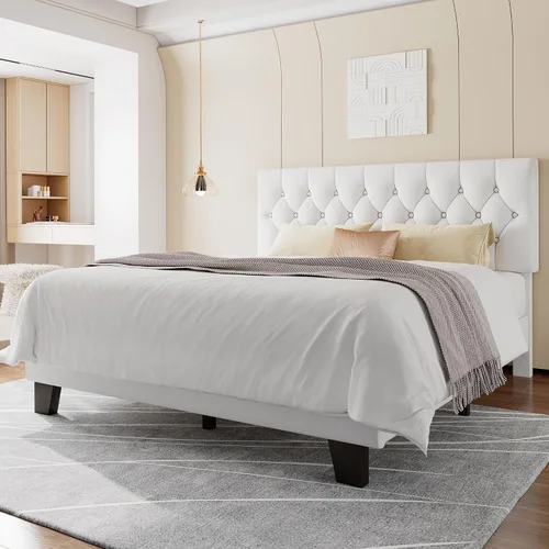 Vista 8 de Feonase Marco de cama de plataforma twin con cabecera capitoné con botones, cama tapizada de lino con soporte de listones de madera, no necesita