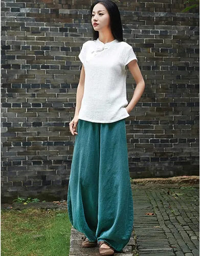 Vista 4 de Iximo Pantalones de lino y algodón, holgados, para mujer, con cintura elástica y ajuste relajado, informales, estilo harén