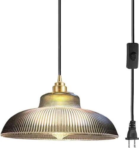 Vista 13 de Lámpara colgante enchufable de cristal azul, lámpara colgante dorada de altura ajustable con interruptor de encendido/apagado de cable de 14.7 pies