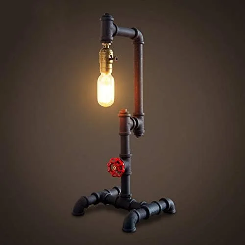Vista 4 de Lámparas de mesa retro vintage, lámpara de escritorio industrial steampunk de tubo de hierro de 20.87 x 7.87 pulgadas, con mango de válvula roja e