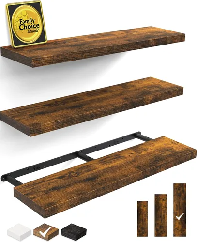 Vista 15 de BAYKA Estantes flotantes para pared, estantes de madera rústica montados en la pared para baño, dormitorio, sala de estar, cocina, estante colgante