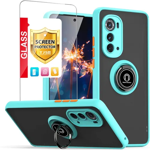 Vista 11 de TJS - Funda compatible con Motorola Moto Edge 2022 (negro) with Tempered Glass Screen Protector Metal Ring Magnetic Support Kickstand Heavy Duty