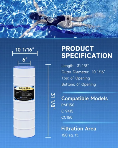 Vista 3 de AQUALTRA Filtro de piscina compatible con CC150, PAP150, CCRP150, PAP150-4, Ultral-C4, PP-C4, C-9415, R173216, FC-0687, 150 pies cuadrados, 31 1/8