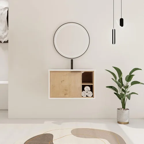 Vista 17 de Mueble de baño de 24 pulgadas con fregadero, tocador flotante de 24 pulgadas con fregadero de cerámica blanca brillante, gabinete de baño de madera