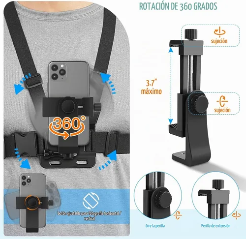 Vista 3 de Soporte de correa de pecho para teléfono para videos POV/VLOG, soporte de arnés de pecho compatible con iPhone 13 12 11Pro Max Plus, Samsung, GoPro