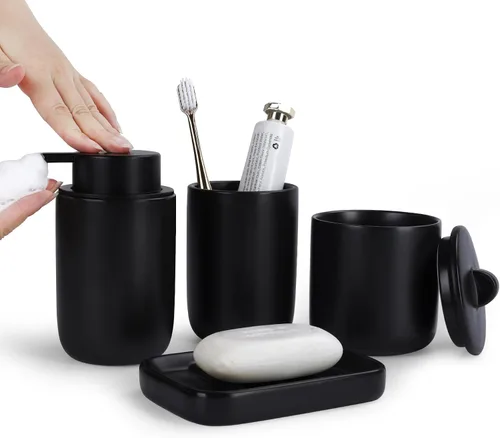 Vista 13 de BosilunLife Juego de accesorios de baño de albaricoque, juego de accesorios de baño de cerámica, dispensador completo de jabón espumoso y soporte