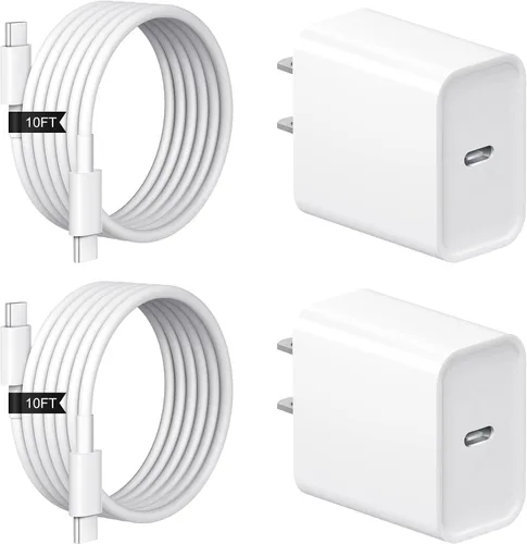 Vista 9 de Cargador de carga rápida para iPhone 17, 16, 15, paquete de 2+2 cargadores de pared USB C de 20 W con cable de carga rápida de 6 pies compatible