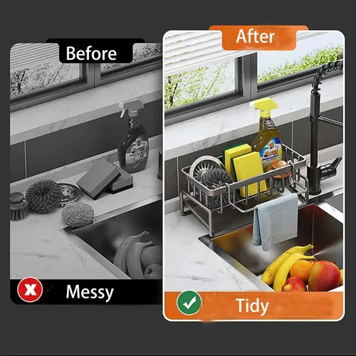 Vista 4 de Soporte de esponja de acero inoxidable para fregadero de cocina, organizador de esponja antioxidante, organizador de fregadero de cocina de baño